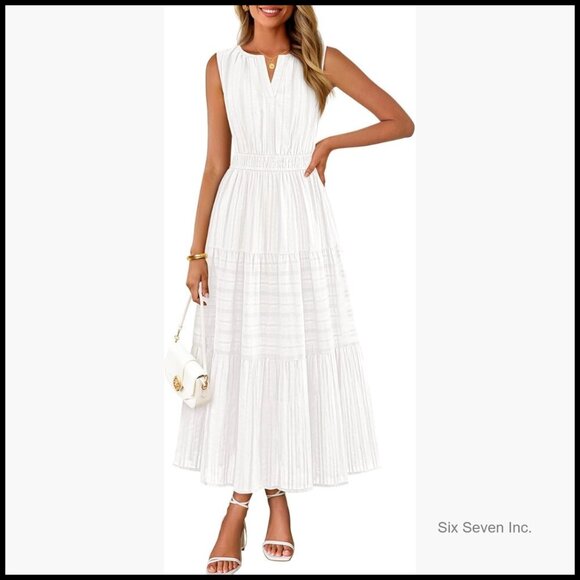 Dresses & Skirts - Cotton Jacquard Midi Dress Sleeveless V Neck Pockets Casual